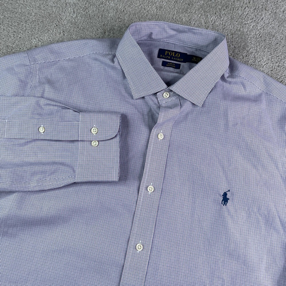 Polo Ralph Lauren Shirt Mens 18 34 Purple Micro Check Slim Fit Easy Care Pony